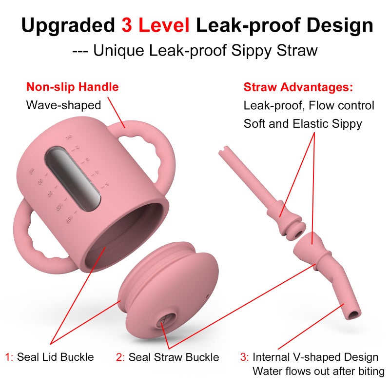 Seposeve 2 Pack Silicone Sippy Cups  Leak-Proof Baby Straw Cup for 6-12 Months  Spill Proof Toddler Cup with Straw 1-3 Years  with Capacity Marking  Non-slip Handle  Flow Control  6 oz  Purple Pink - Image 2
